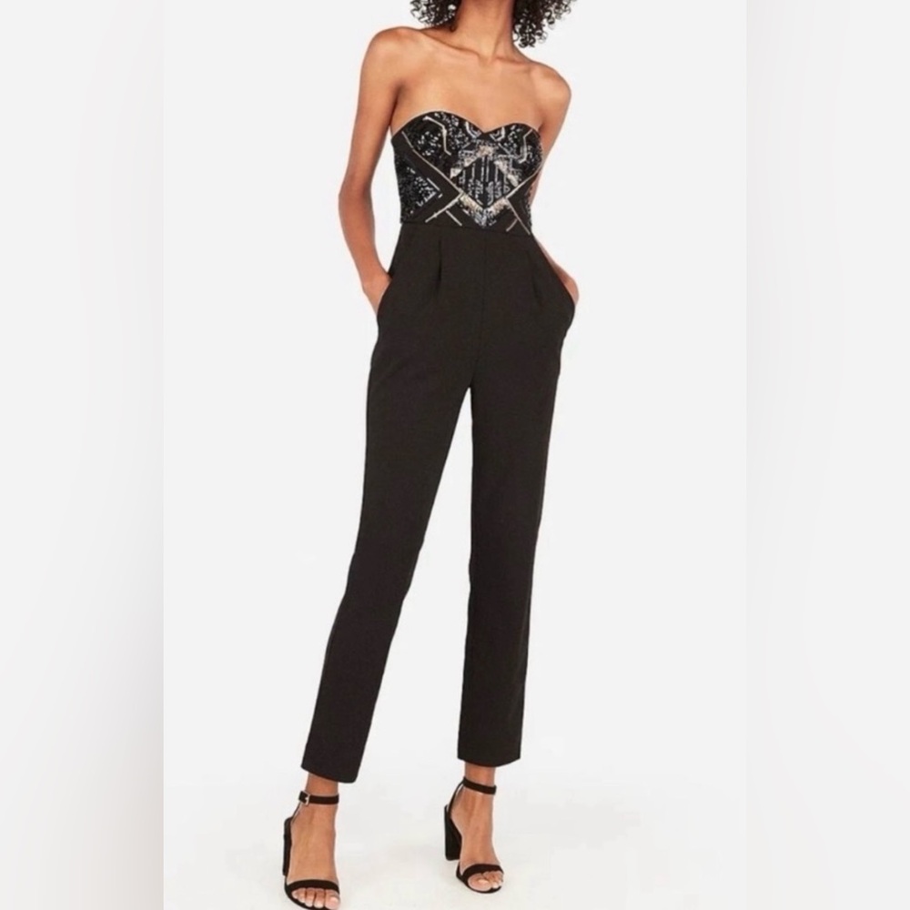 Express Sequins Strapless Black Geometric Jumpsuit NWT Size: 14